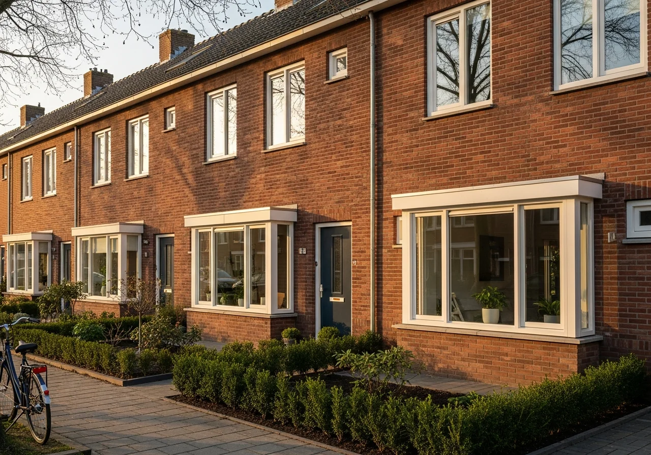 Nederlandse rijtjeshuizen met nieuwe witte kunststof kozijnen in een rustige residentiele straat