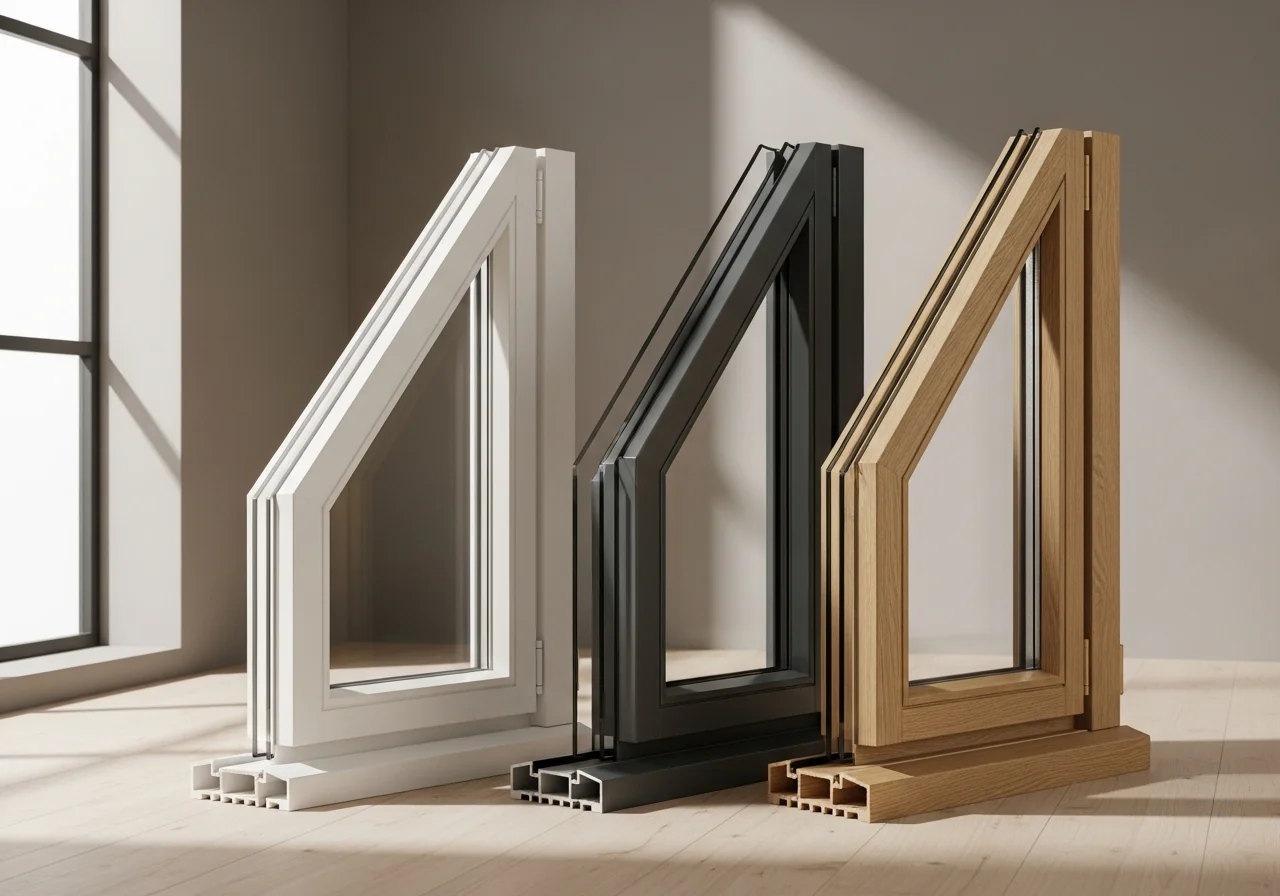Drie kozijnprofielen naast elkaar: wit kunststof, antraciet aluminium en eiken