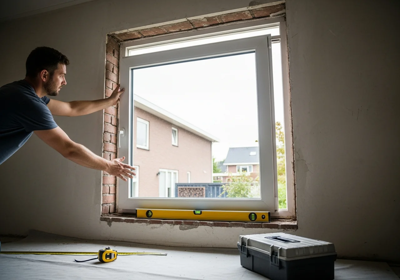 Vakman controleert met waterpas een net geplaatst kunststof kozijn