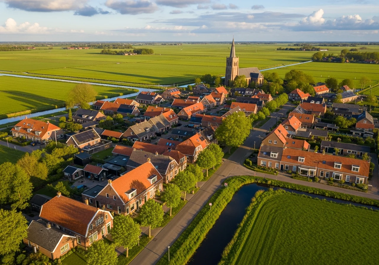 Luchtfoto van een Fries dorp met kerk, traditionele rode daken en omliggende polders